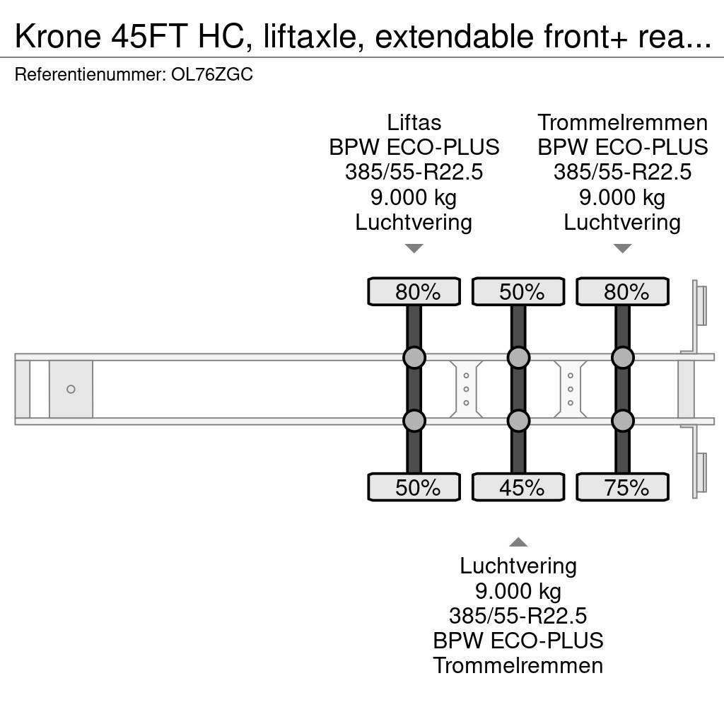 Krone 45FT HC, liftaxle, extendable front+ rear+ bumper, Konttipuoliperävaunut