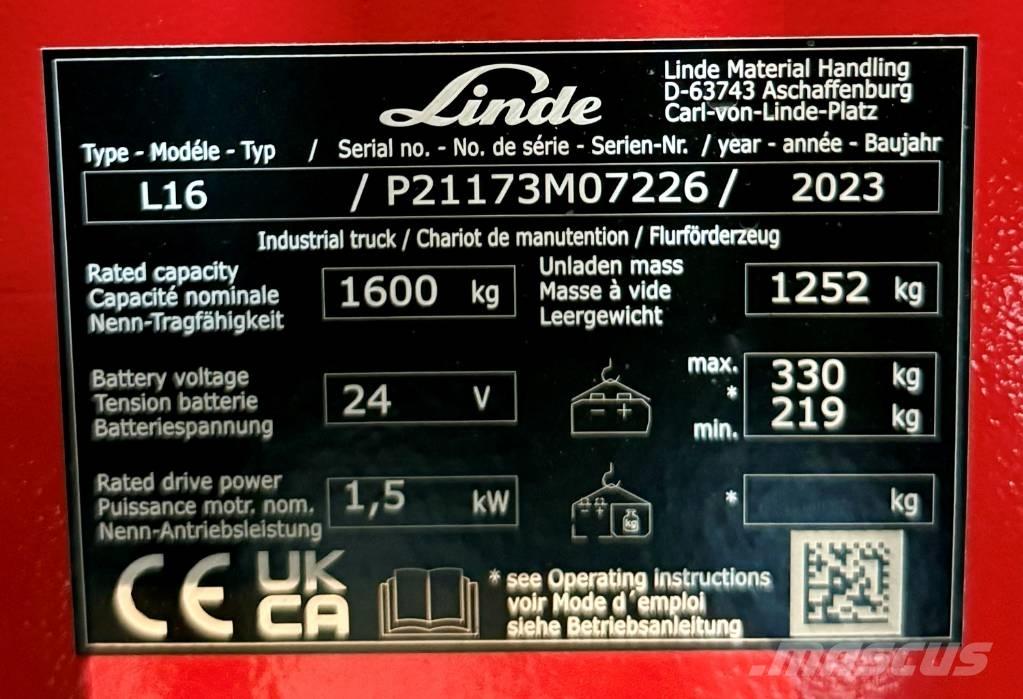 Linde L16/1173-01 Käyden ajettavat pinoamistrukit