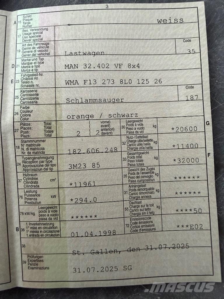 MAN 32.402 VF 8x4 Paine-/imuautot