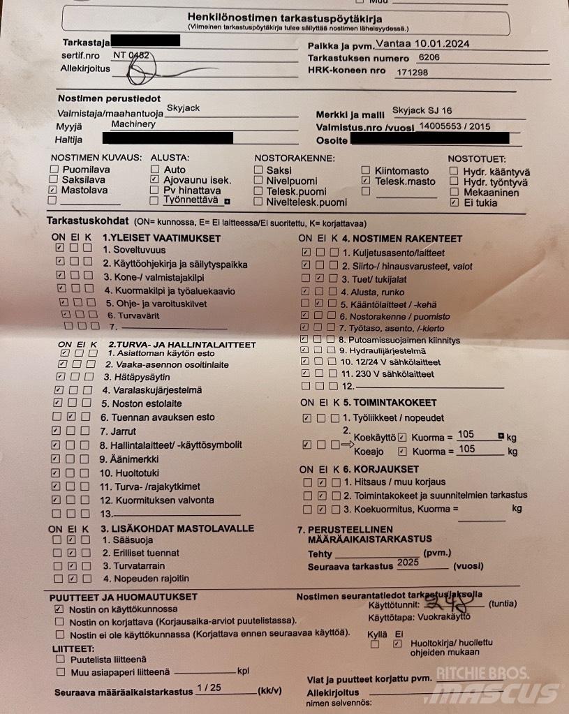 SkyJack SJ 16 Henkilönostimet ja nostolaitteet