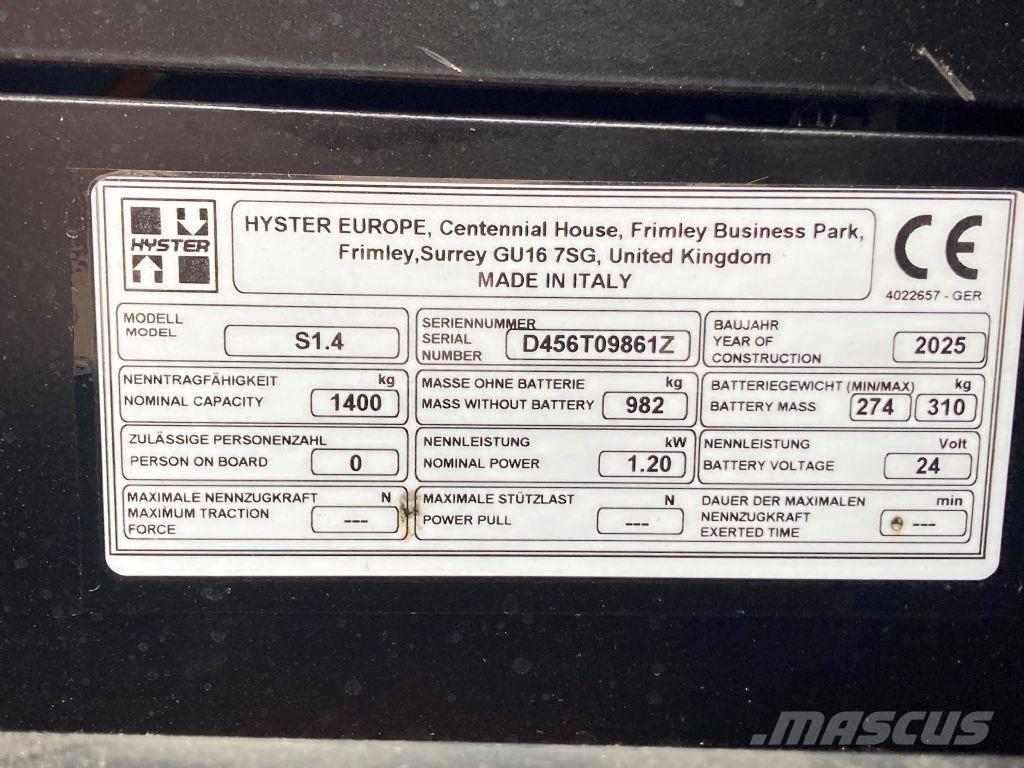 Hyster S 1.4 Käyden ajettavat pinoamistrukit