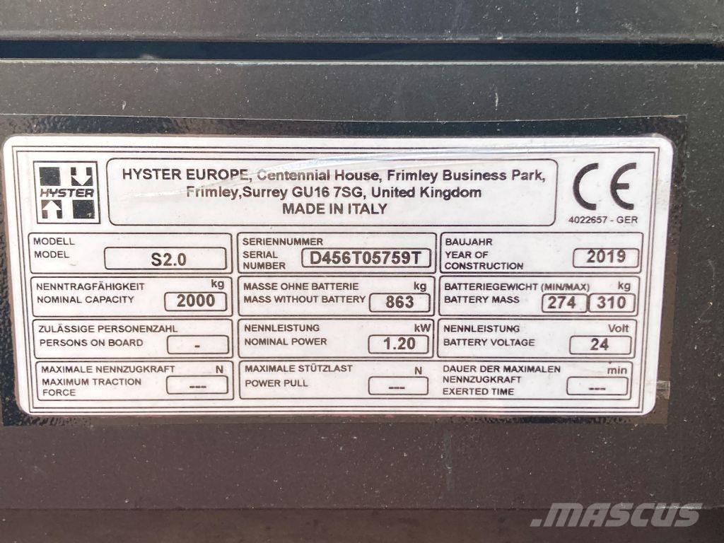 Hyster S 2.0 Käyden ajettavat pinoamistrukit