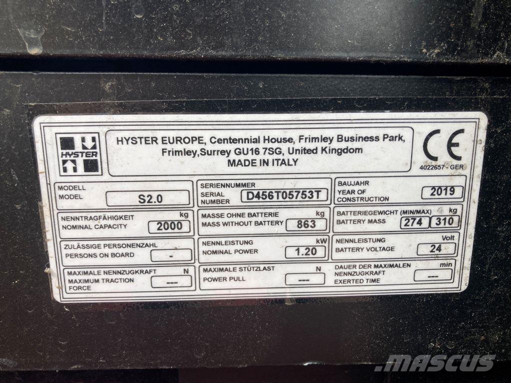 Hyster S 2.0 Käyden ajettavat pinoamistrukit