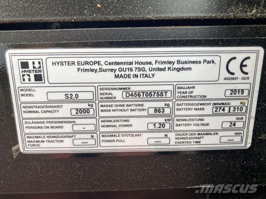 Hyster S 2.0 Käyden ajettavat pinoamistrukit