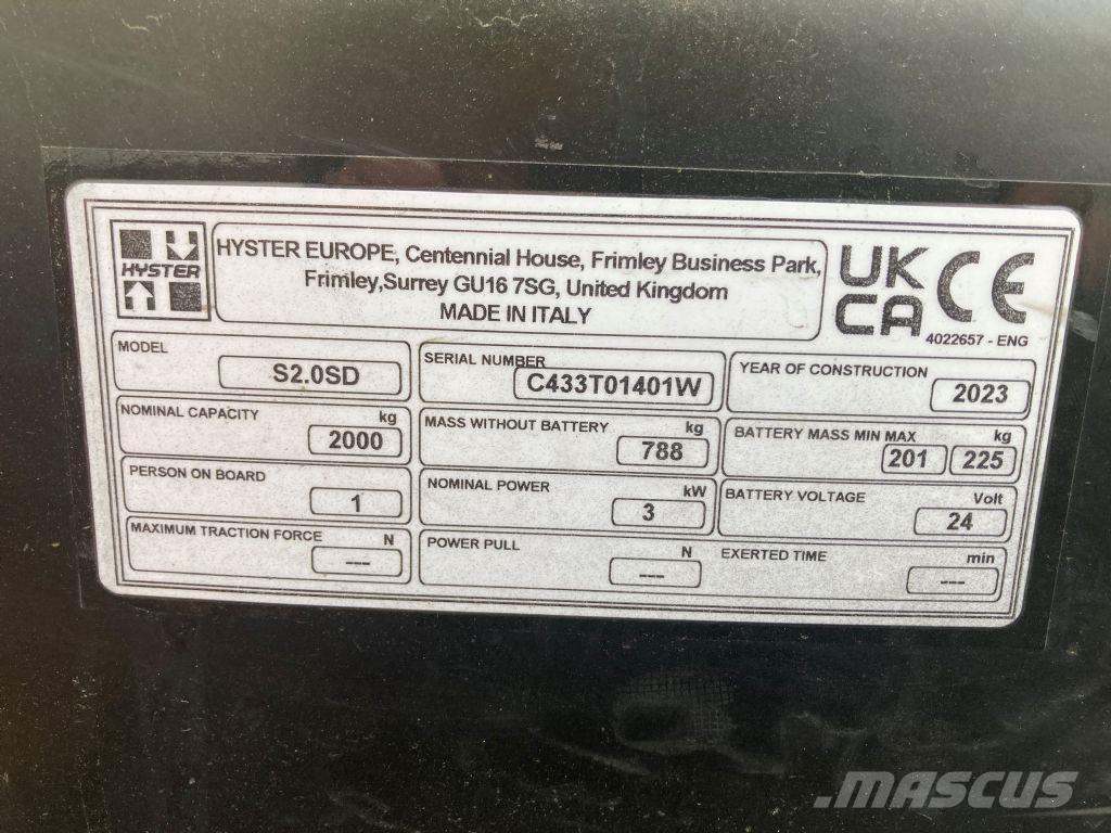 Hyster S 2.0SD Käyden ajettavat pinoamistrukit