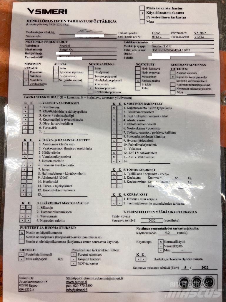 Snorkel TM 12 Henkilönostimet ja nostolaitteet
