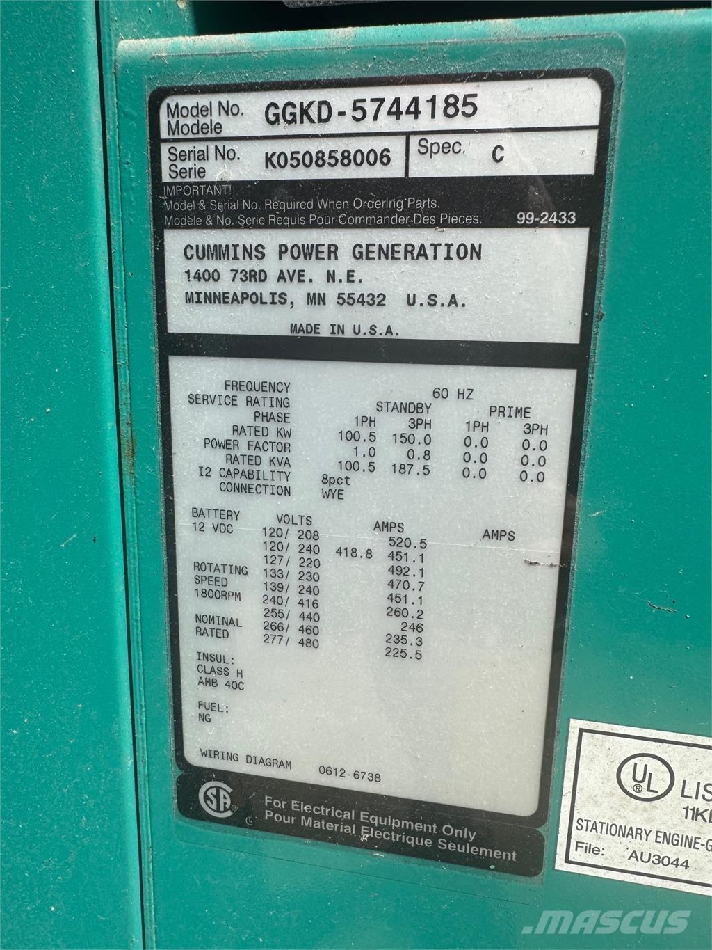 Cummins 150kW Kaasugeneraattorit