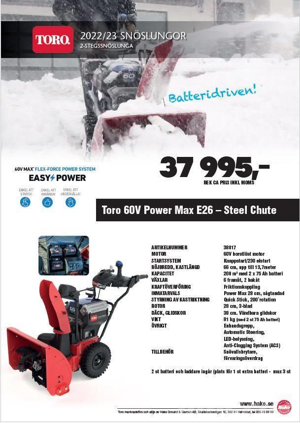 Toro Power Max E26 Batteridriven 2-stegs snöslunga Lumilingot